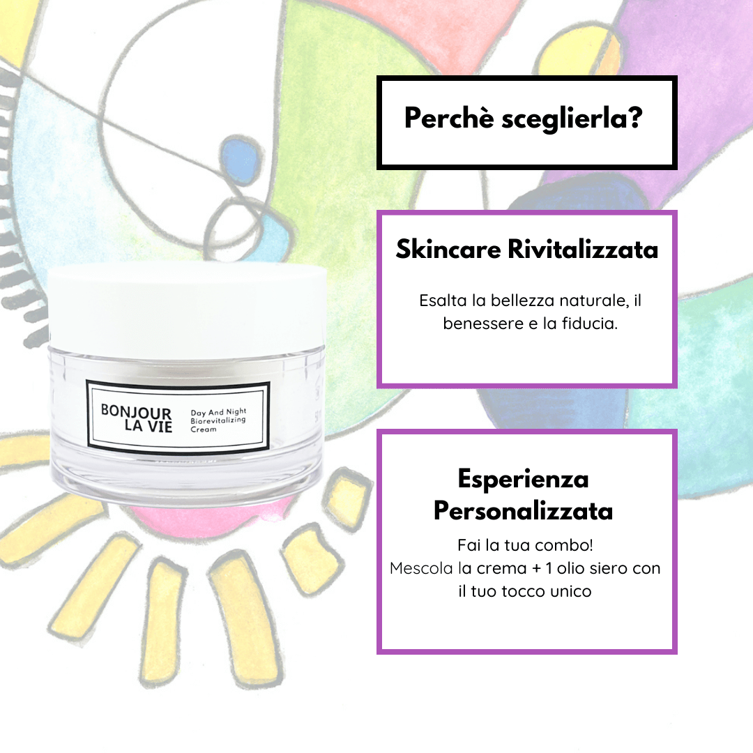 Infografica Crema Biorevitalizzante. Perchè sceglierla? 1. Skincare revitalizzata: esalta la bellezza naturale, il benessere e la fiducia. 2. Esperienza Personalizzata: fai la tua combo! Mescola la crema + un olio siero con il tuo tocco unico