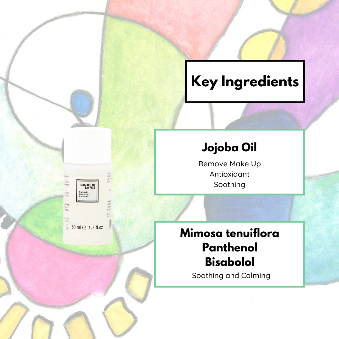 Image of the Biphasic makeUp remover on the left and key ingredients on the right. Jojoba Oil: removes makeup, antioxidant, soothing. Mimosa tenuiflora, panthenol and bisabolol: sooting and calming