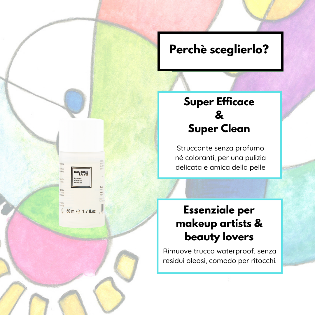 immagine del flacone dello struccante bifasico a sinistra e a destra perchè sceglierlo. 1. Super efficace e super clean: struccante senza profumo, nè coloranti, per una pulizia delicata e amica della pelle. 2. Essenziale per makeup artists e amanti del trucco: rimuove trucco waterproof, senza residui oleosi, comodo per ritocchi