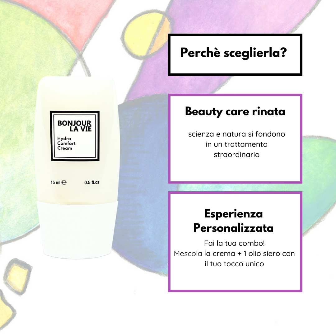 Infografica. perche scegliere Hydra Comfort Cream? 1. Beauty care rinata. Scienza e natura si fondono in un trattamento straordinario. 2. Esperienza Personalizzata: fai la tua combo! Mescola la crema + un olio siero con il tuo tocco unico