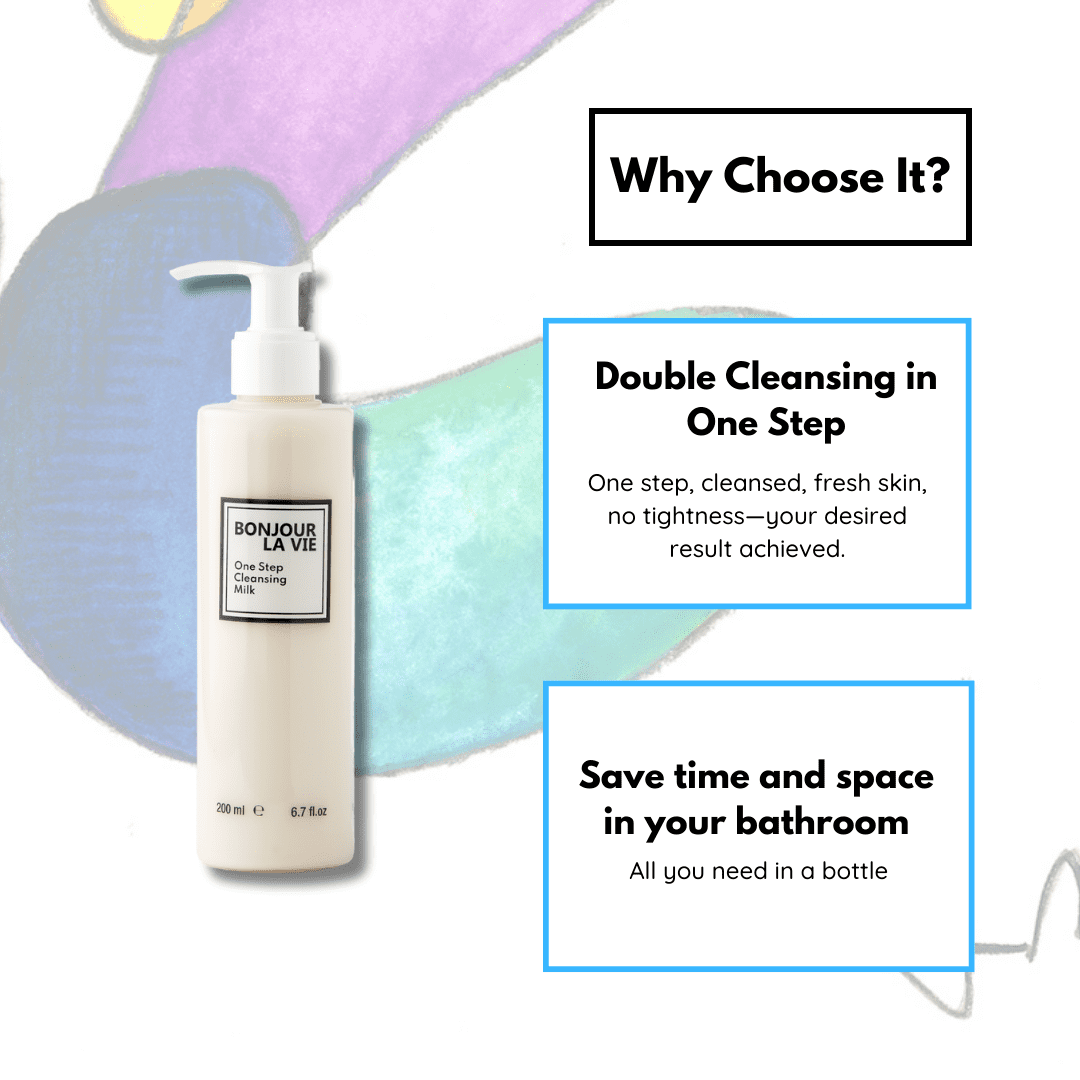 Infographic. Why Choose One Step Cleansing Milk? 1. Double Cleansing in One Step: One step, cleansed, fresh skin, no tightness - you desired result achieved. 2. Save time and space in your bathroom: All you need in a bottle