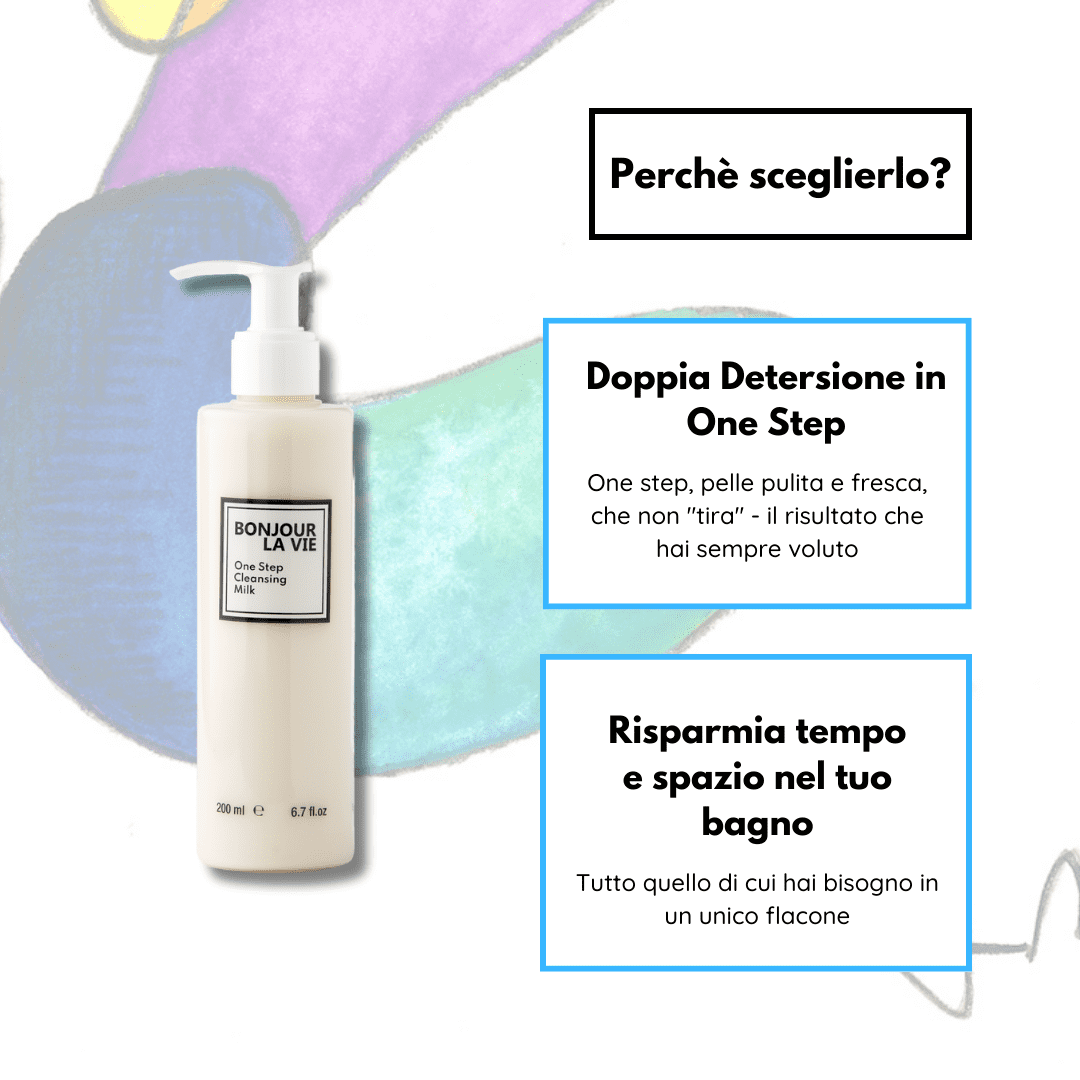 Infografica. Percheè scegliere One Step Cleansing Milk? 1. Doppia Deteresione in One Step: One Step, pelle pulita e fresca, che non tira - il risultato che hai sempre voluto. 2. Risparmia tempo e spazio nel tuo bagno: tutto quello di cui hai bisogno in un unico flacone