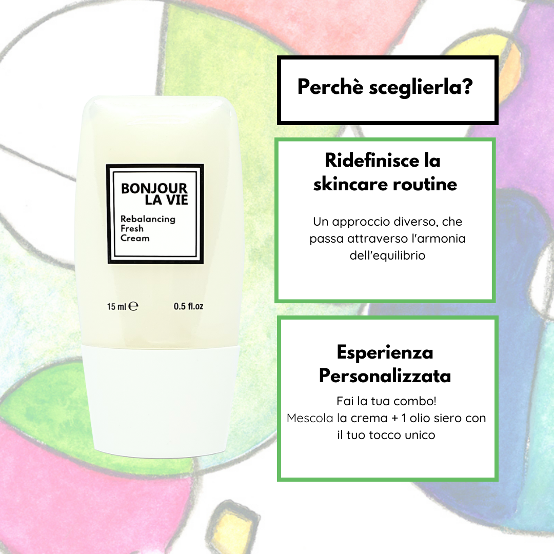 Infografica. Perchè scegliere rebalancing fresh cream? ridefinisce la skincare routine: un approccio diverso, che passa attraverso l'armonia dell'equilibrio. Esperienza Personalizzata: fai la tua combo! Mescola la crema + un olio siero con il tuo tocco unico