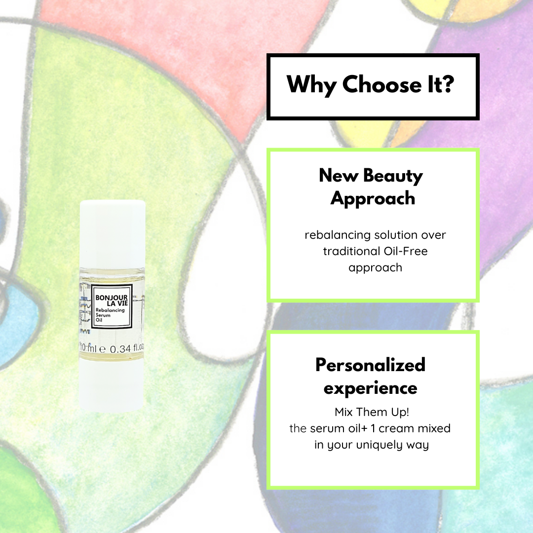 Infographic. Why coose rebalancing Serum Oil? New Beauty approach: rebalancing solution over traditional oil-free approach. Personalized Eperience: Mix Them Up! The serum oil+ 1 cream mixed in your uniquely way