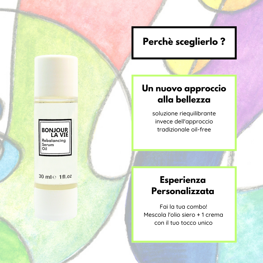 Infografica. Perchè scegliere rebalancing serum oil? Un nuovo approccio alla bellezza: soluzione riequilibrante invece dell'approccio tradizione oil-free. Esperienza Personalizzata: fai la tua combo! Mescola l'olio siero + una crema con il tuo tocco unico