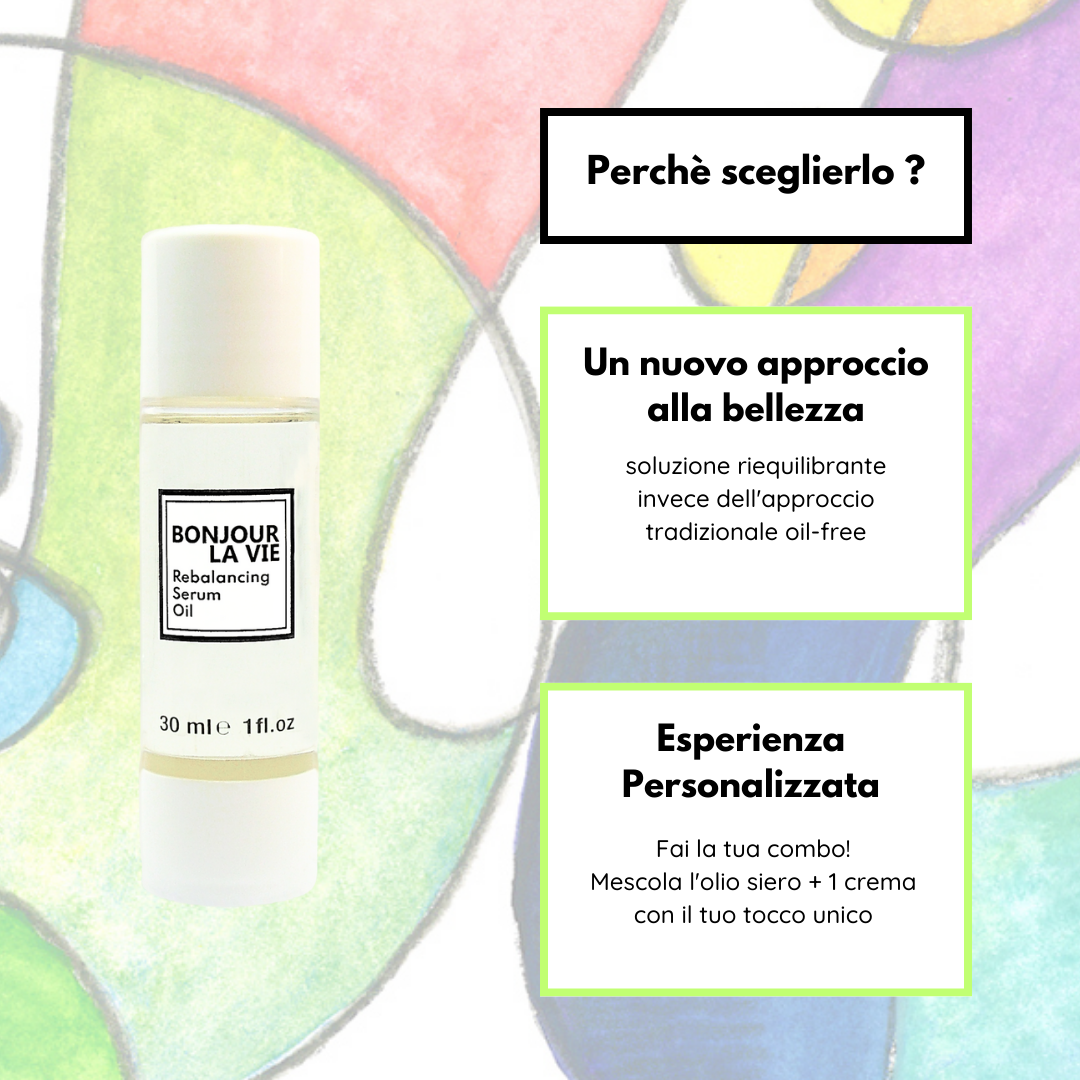 Infografica. Perchè scegliere rebalancing serum oil? Un nuovo approccio alla bellezza: soluzione riequilibrante invece dell'approccio tradizione oil-free. Esperienza Personalizzata: fai la tua combo! Mescola l'olio siero + una crema  con il tuo tocco unico