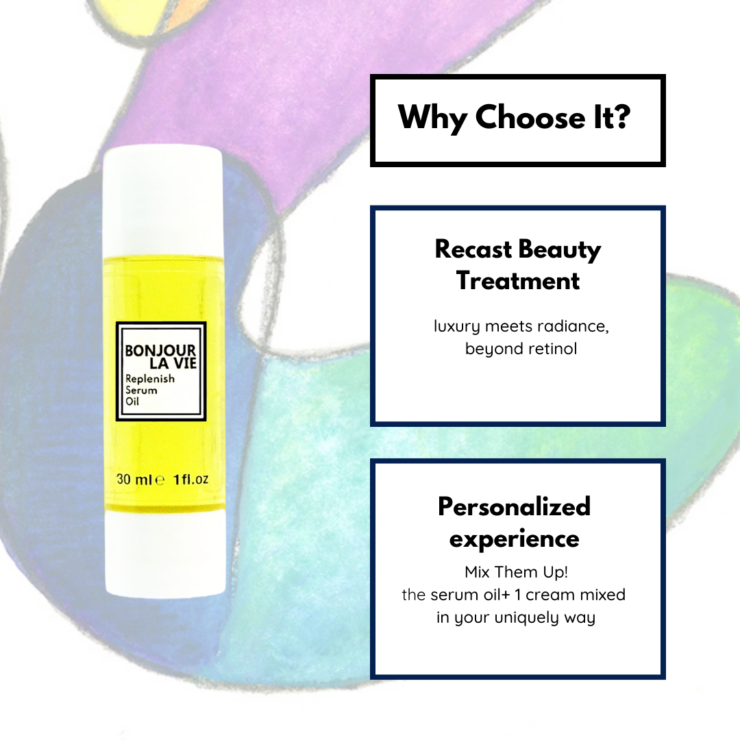 Infographic. Why Choose rebalancing serum oil? recast Beauty treatment: luxury meet radiance, beyoud retinol. Personalized Experience: Mix Them Up! The serum oil+ 1 cream mixed in your uniquely way