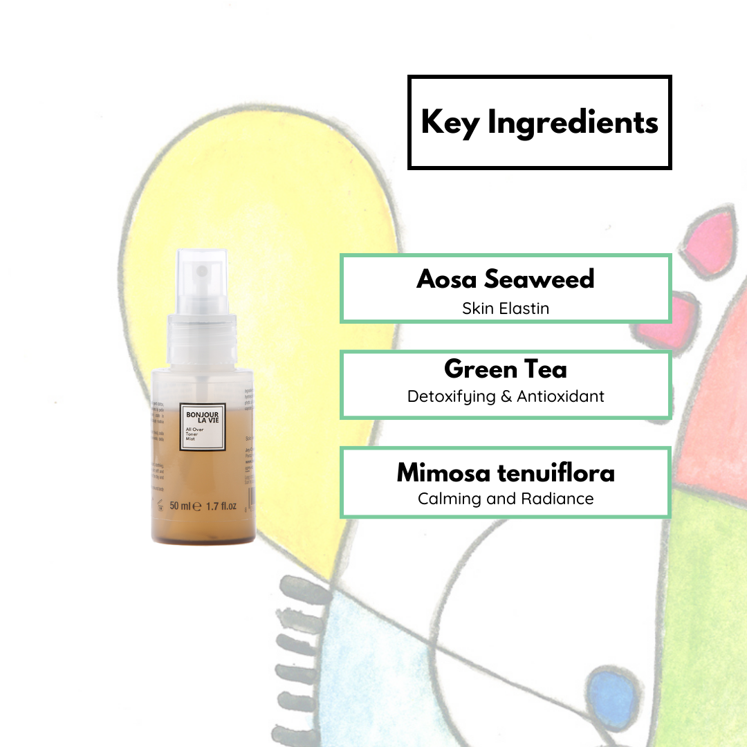 Image of the toner bottle on the left and Key Ingredients on the right. Aosa Seaweed: skin elastin. Green Tea: detoxifing and antioxidant. Mimosa tenuiflora: calming and radiance