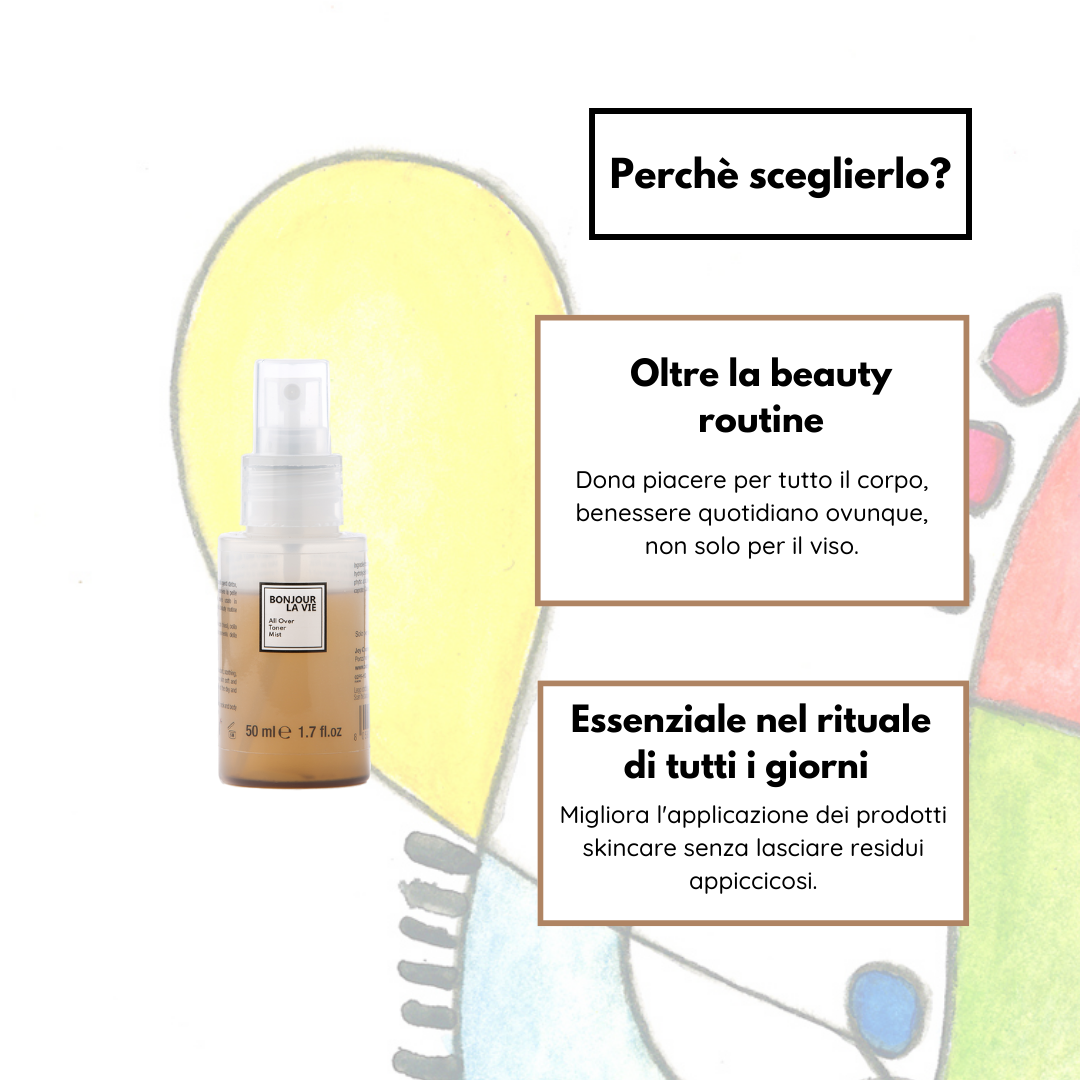 Immagine del flacone del tonico a sinistra e motivi sul perchè sceglierlo a destra. 1. Oltre la beauty routine: dona piacere per tutto il corpo, benessere quotidiano ovunque, non solo sul viso. 2. Essenziale nel rituale di tutti i giorni: migliora l'applicazione dei prodotti skincare senza lasciare residui appiccicosi