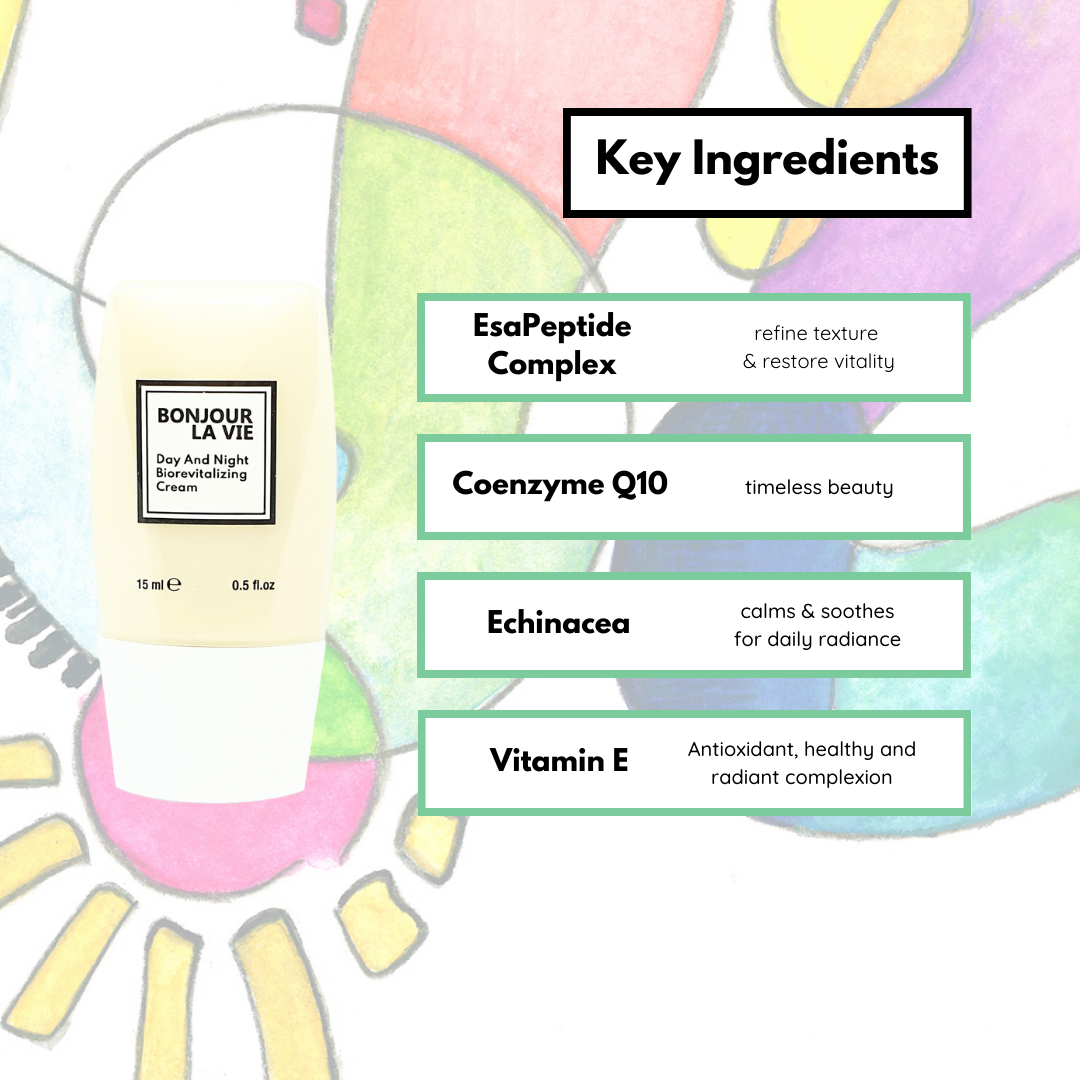 Infographic. Key Ingredients: esaPeptide Complex: refine texture and retore vitality. Coenzyme Q10: timeless beauty. Echinacea: calms and soothes for daily radiance. Vitamin E: Antioxidant, healthy and radiant complexion