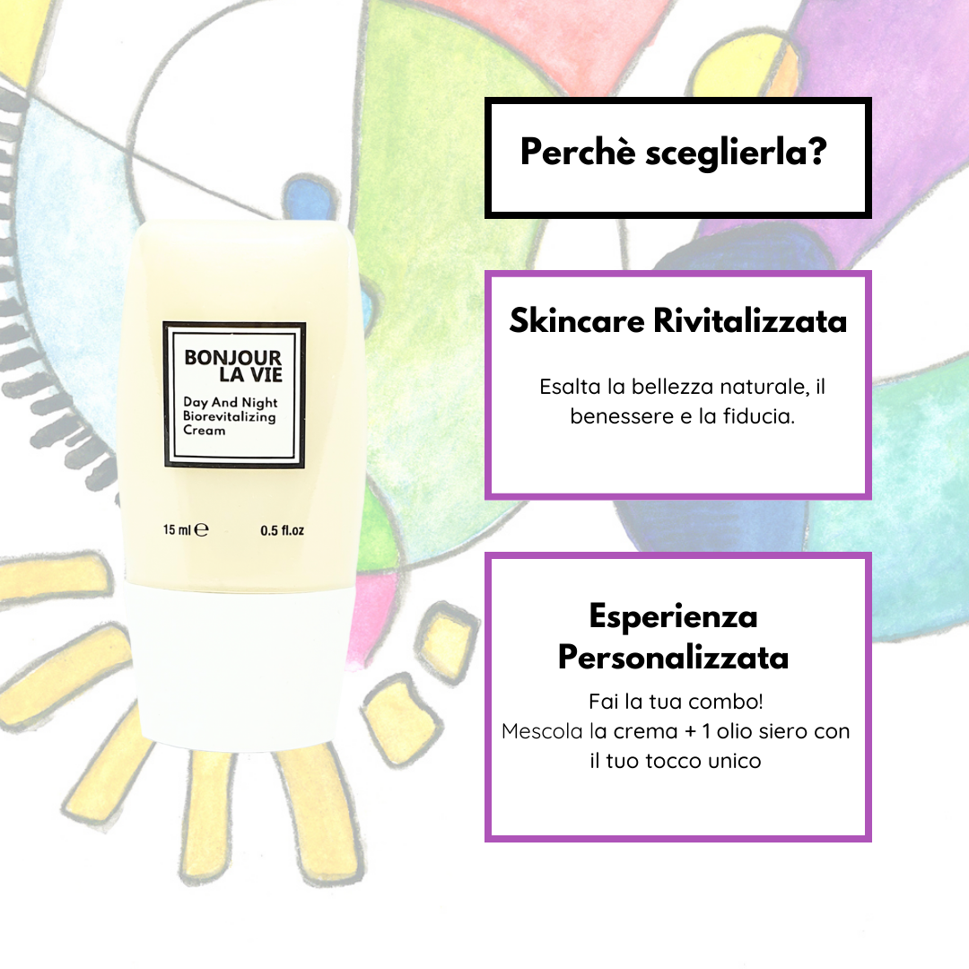 Infografica Crema Biorevitalizzante. Perchè sceglierla? 1. Skincare revitalizzata: esalta la bellezza naturale, il benessere e la fiducia. 2. Esperienza Personalizzata: fai la tua combo! Mescola la crema + un olio siero con il tuo tocco unico