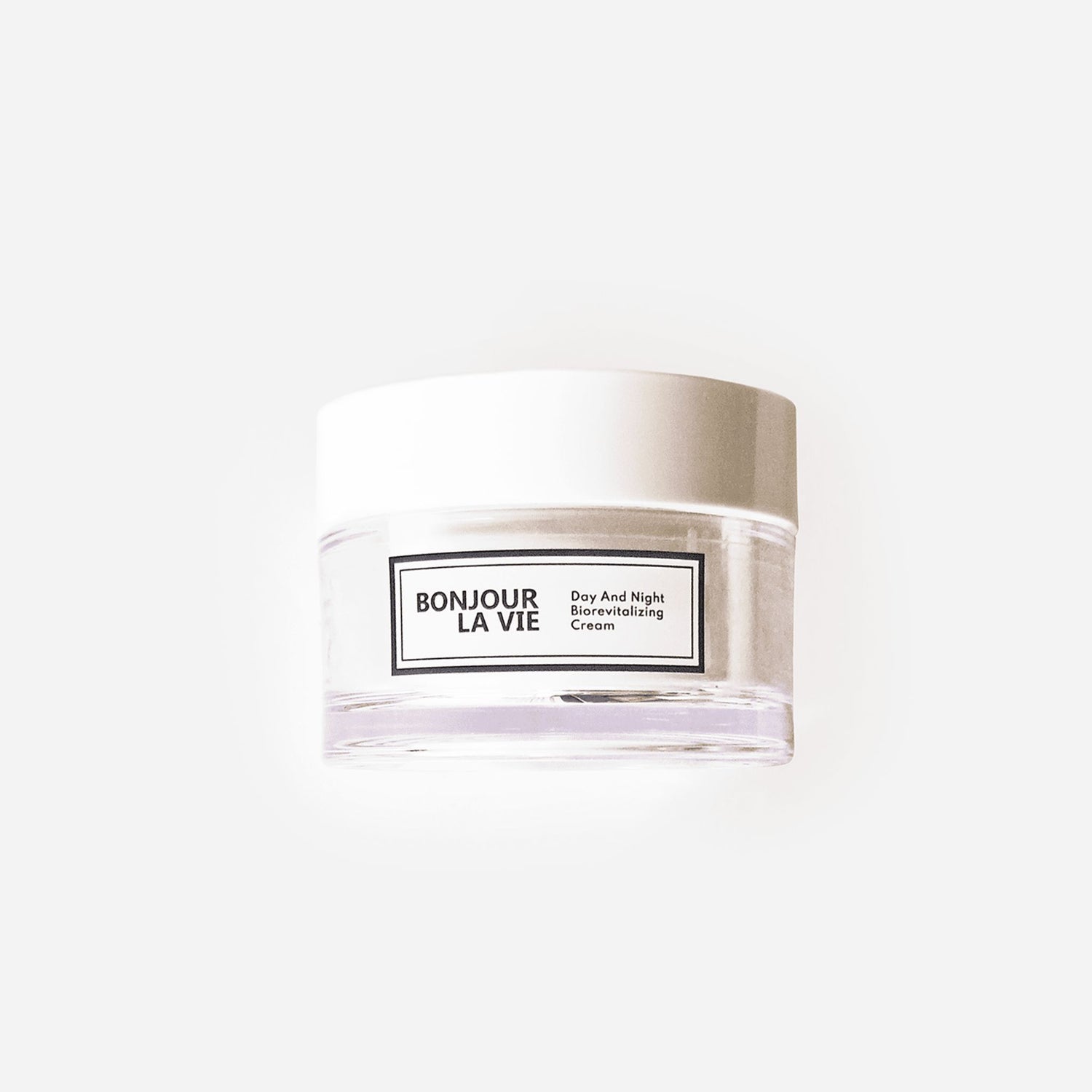 Immagine del vaso da 50 ml  con tapppo bianco e vaso trasparente della Crema BioRevitalizzante Giorno e Notte di Bonjour La Vie su fondo bianco