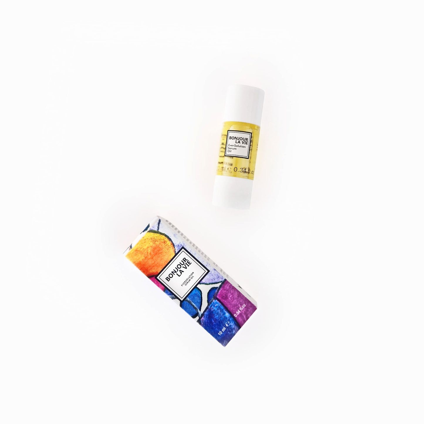 Immagine del flacone  e dell'astuccio di EverSolution Serum Oil di Bonjour La Vie da 10 ml Journey Edition su sfondo bianco