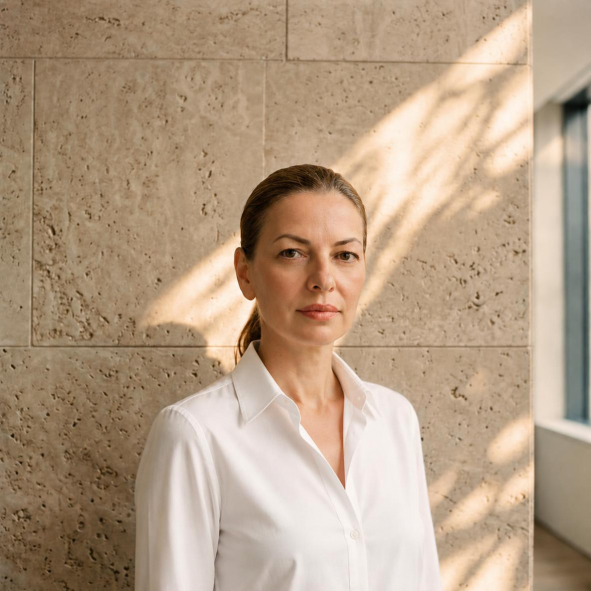 Immagine di una donna a mezzo busto con una camicia bianca a significare che la prima cosa è far brillare la propria identità per portare alla luce la propria forza interiore