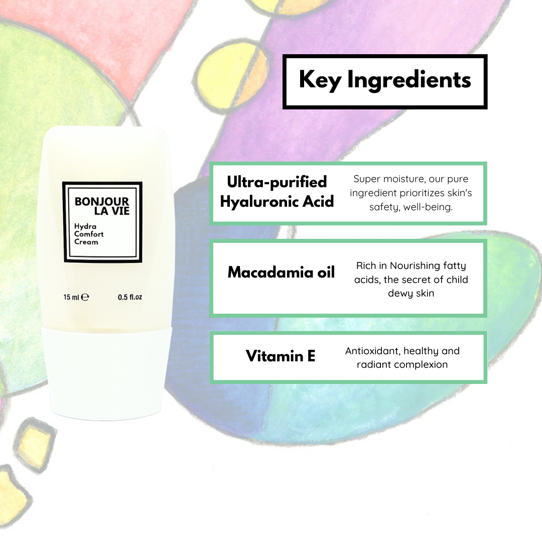 Infographic. Key Ingredients: Ultra Purified Hyaluronic Acid: Super Moisture, our pure ingredient prioritize skin's safety, well- being. Macadamia Oil: rich in nourishing fatty acids, the secret of child dewy skin. Vitamin E: antioxidant, healthy and radiant complexion