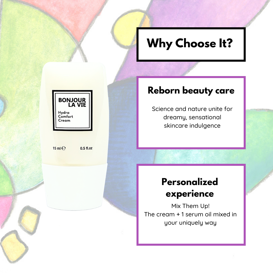 Infographic. Why Choose Hydra Comfort Cream? 1. Reborn Beauty care: science and nature unite for dreamy, sensational skincare indulgence. 2. Personalized Experience: Mix Them Up! The Cream + 1 serum oil mixed in your uniquely way