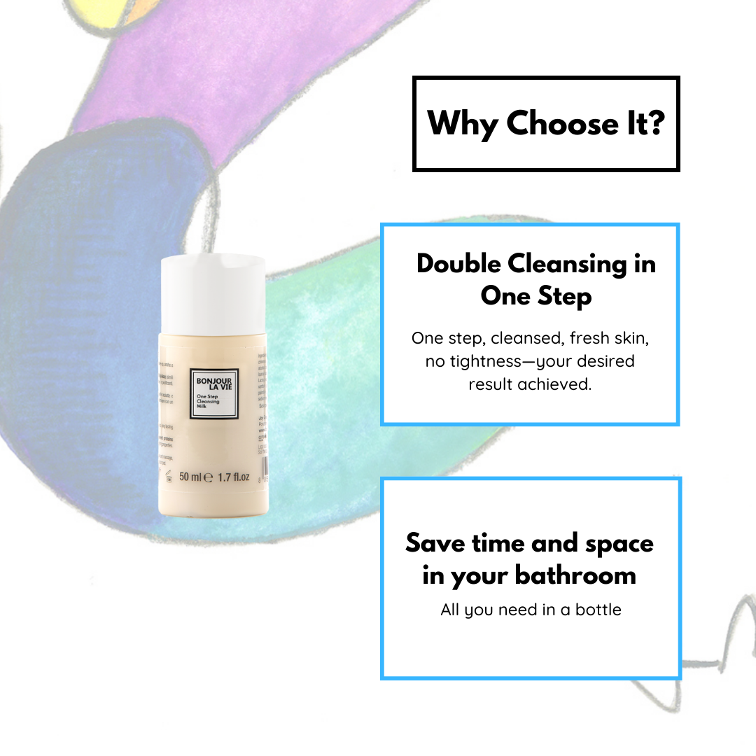 Infographic. Why Choose One Step Cleansing Milk? 1. Double Cleansing in One Step: One step, cleansed, fresh skin, no tightness - you desired result achieved. 2. Save time and space in your bathroom: All you need in a bottle