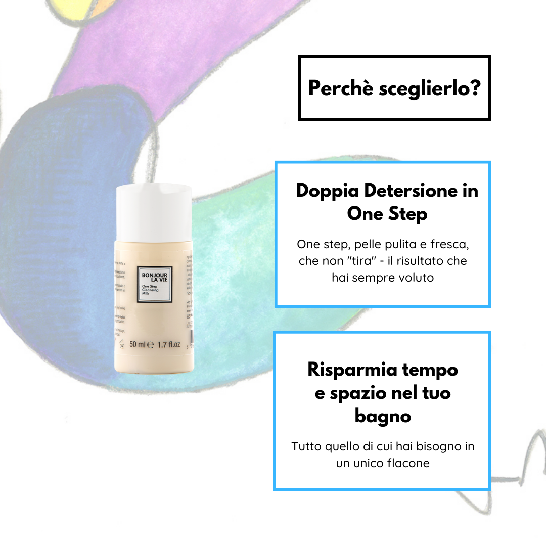 Infografica. Percheè scegliere One Step Cleansing Milk? 1. Doppia Deteresione in One Step: One Step, pelle pulita e fresca, che non tira - il risultato che hai sempre voluto. 2. Risparmia tempo e spazio nel tuo bagno: tutto quello di cui hai bisogno in un unico flacone