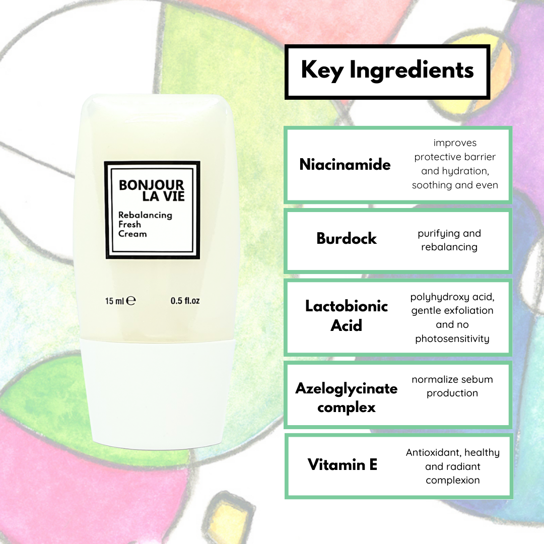 Infographic. Key ingredients of rebalancing Fresh cream. Niacinamide: improves protective barrier and hydration, soothing and even complexion.. Burdock: purifying and rebalancing. Lactobionic acid: polyhydroxy acid, gentle exfoliation and no photosensitivity. Azeloglycinate complex: normalize sebum production. Vitamin E: antioxidant, healthy and radiant complexion
