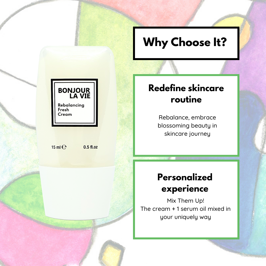 Infografica. Why choose rebalancing fresh cream? Redefine skincare routine: rebalance, embrace blossoming beauty in skincare journey. Personalized Eperience: Mix Them Up! The Cream + 1 serum oil mixed in your uniquely way