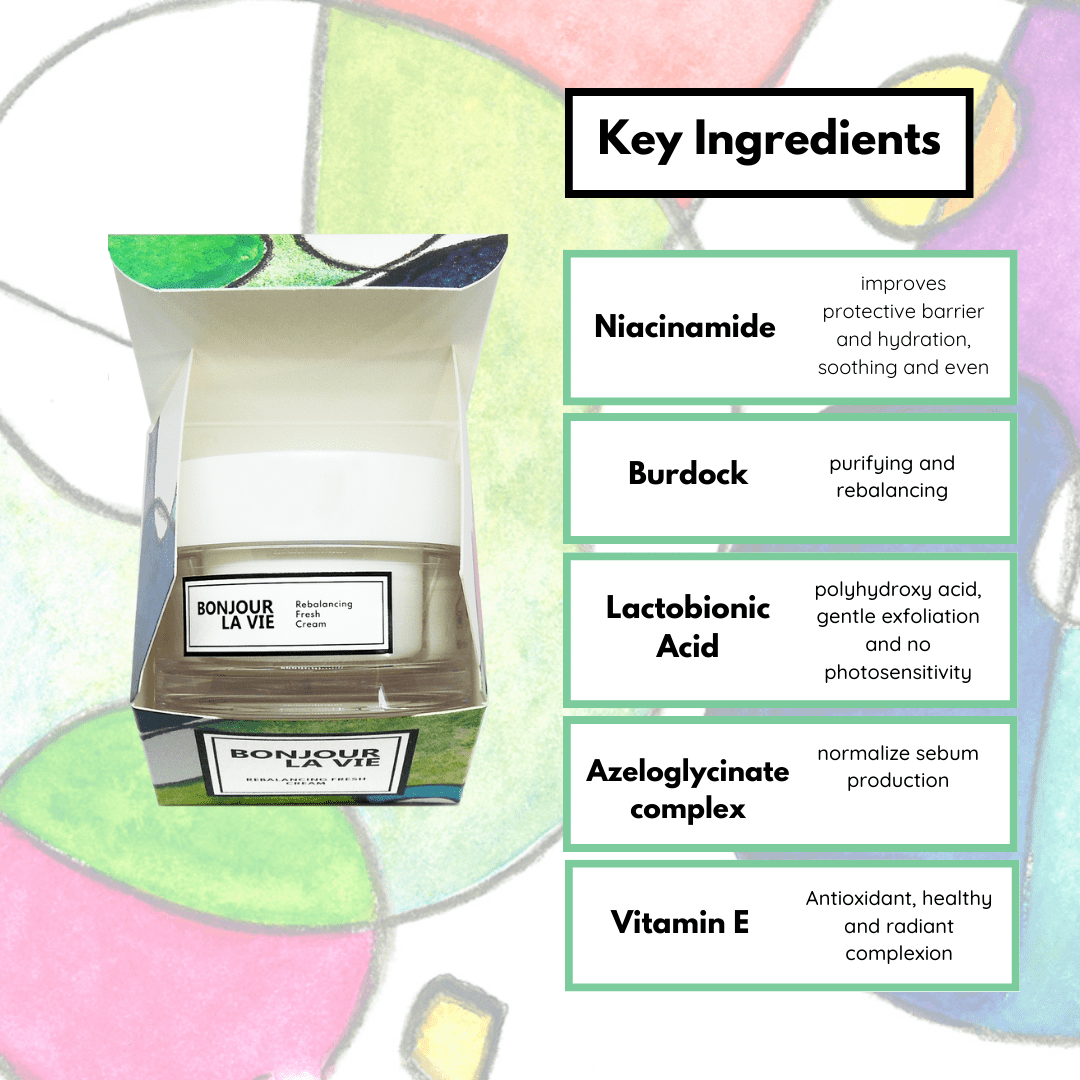 Infographic. Key ingredients of rebalancing Fresh cream. Niacinamide: improves protective barrier and hydration, soothing and even complexion.. Burdock: purifying and rebalancing. Lactobionic acid: polyhydroxy acid, gentle exfoliation and no photosensitivity. Azeloglycinate complex: normalize sebum production. Vitamin E: antioxidant, healthy and radiant complexion