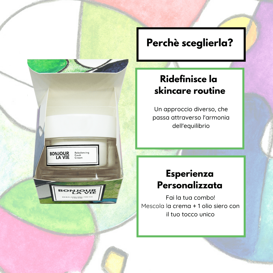 Infografica. Perchè scegliere rebalancing fresh cream? ridefinisce la skincare routine: un approccio diverso, che passa attraverso l'armonia dell'equilibrio. Esperienza Personalizzata: fai la tua combo! Mescola la crema + un olio siero con il tuo tocco unico