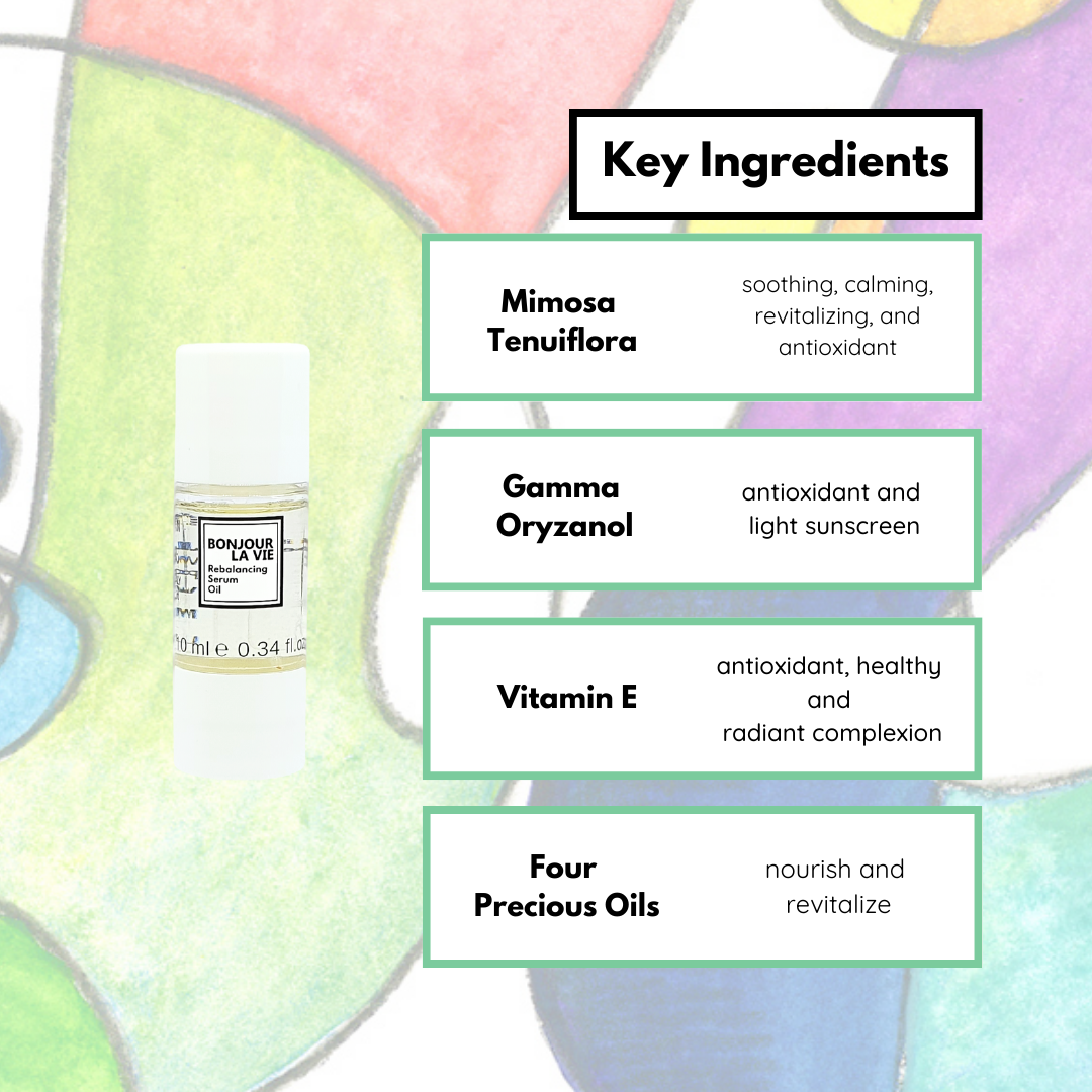 Infographic. Key Ingredients of the rebalancing serum il? Mimosa Tenuiflora: soothinh, calming and antioxidant. Gamma Oryzanol: antioxidant and light sunscreen. Vitamin E: antioxidant, healthy and radiant complexion. Four Precious Oil: nourish and revitallize