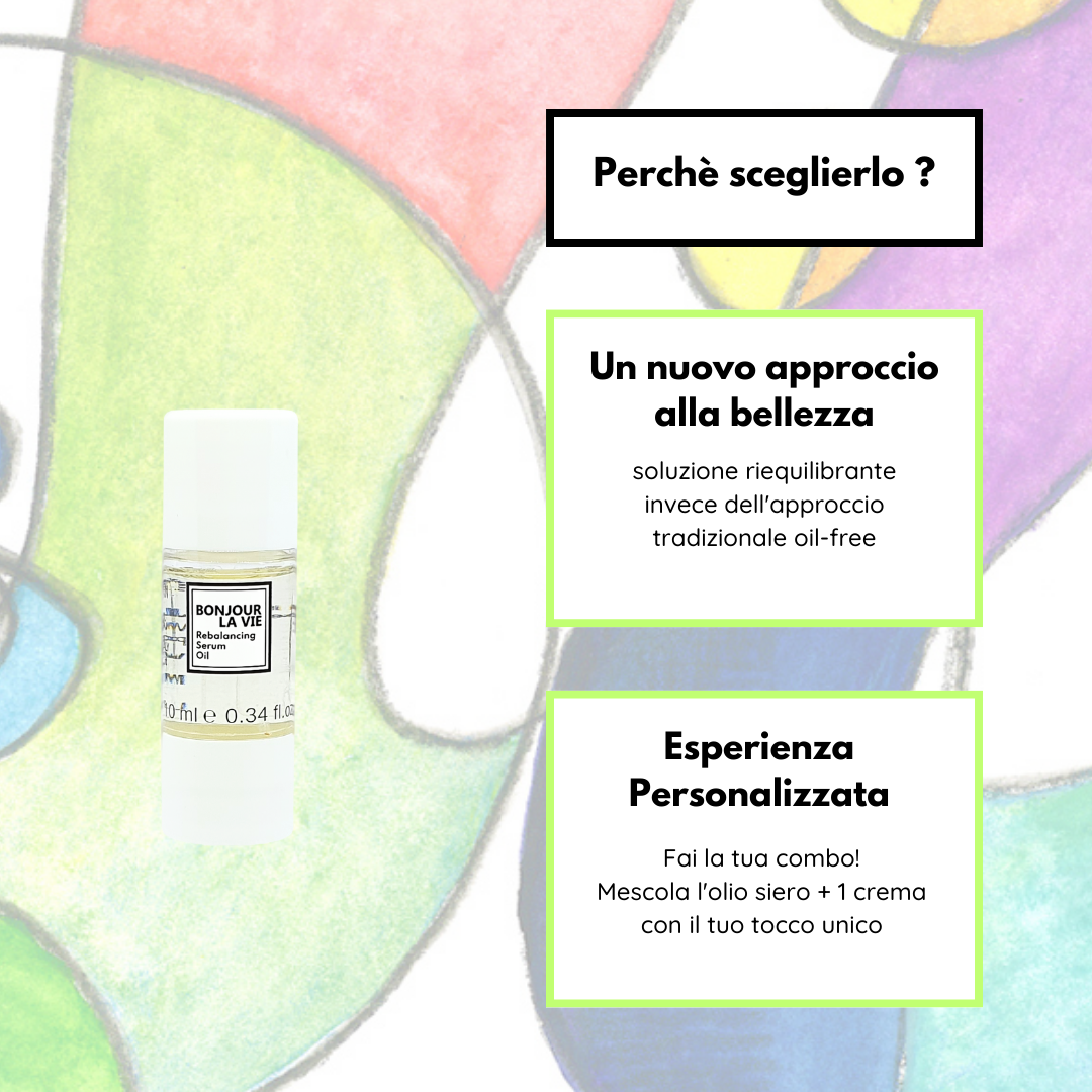 Infografica. Perchè scegliere rebalancing serum oil? Un nuovo approccio alla bellezza: soluzione riequilibrante invece dell'approccio tradizione oil-free. Esperienza Personalizzata: fai la tua combo! Mescola l'olio siero + una crema con il tuo tocco unico