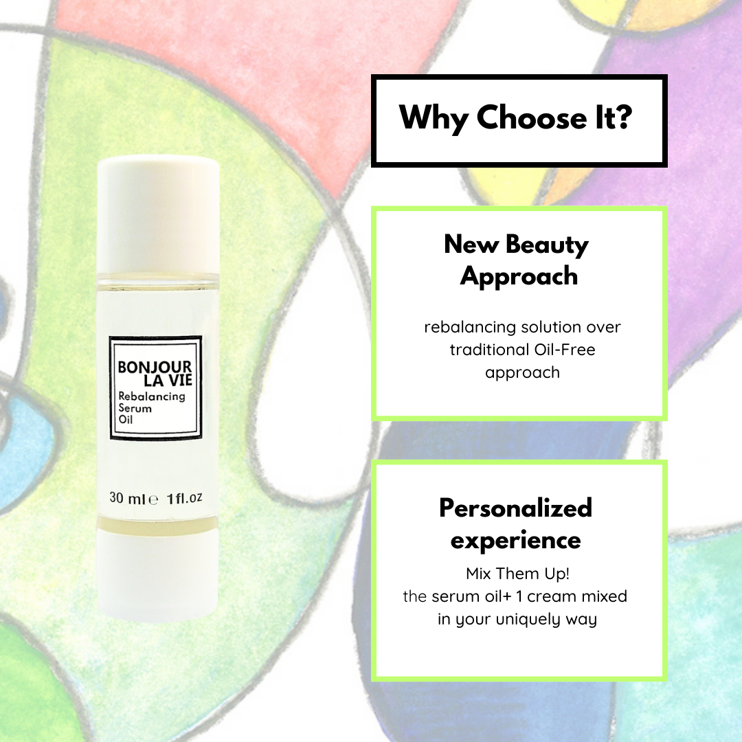 Infographic. Why coose rebalancing Serum Oil? New Beauty approach: rebalancing solution over traditional oil-free approach. Personalized Eperience: Mix Them Up! The serum oil+ 1 cream mixed in your uniquely way