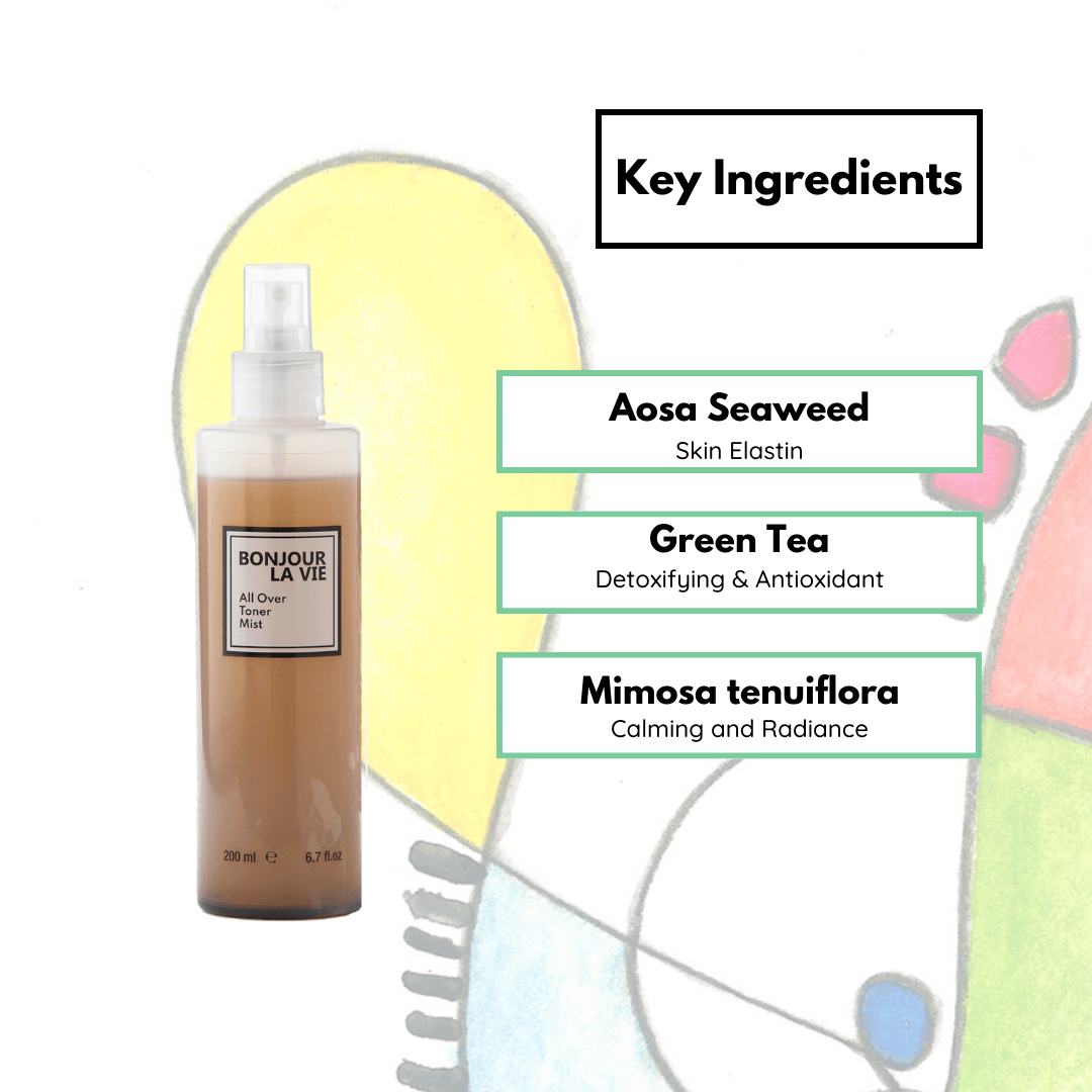 Image of the toner bottle on the left and Key Ingredients on the right. Aosa Seaweed: skin elastin. Green Tea: detoxifing and antioxidant. Mimosa tenuiflora: calming and radiance