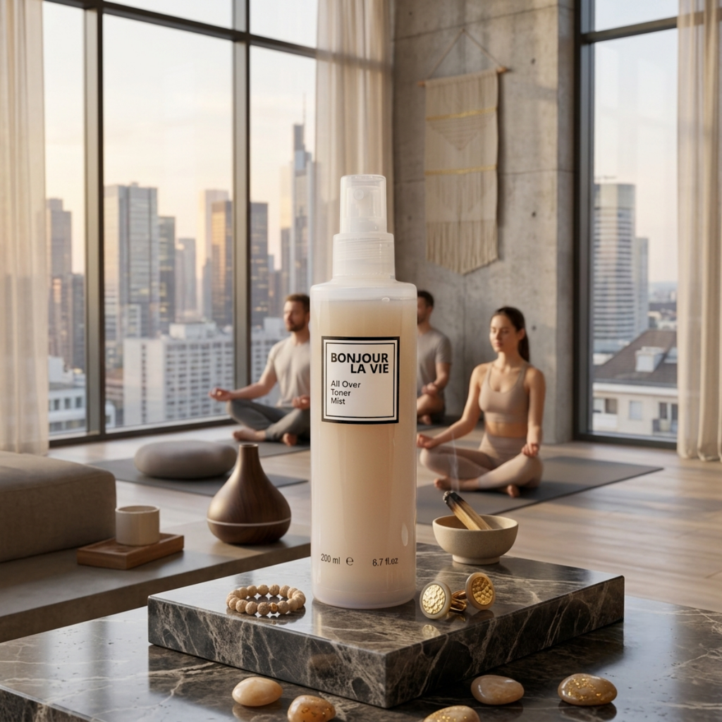 All Over Toner Mist 200 ml Bonjour La Vie su base in marmo con incenso, con persone in meditazione e vista città sullo sfondo.