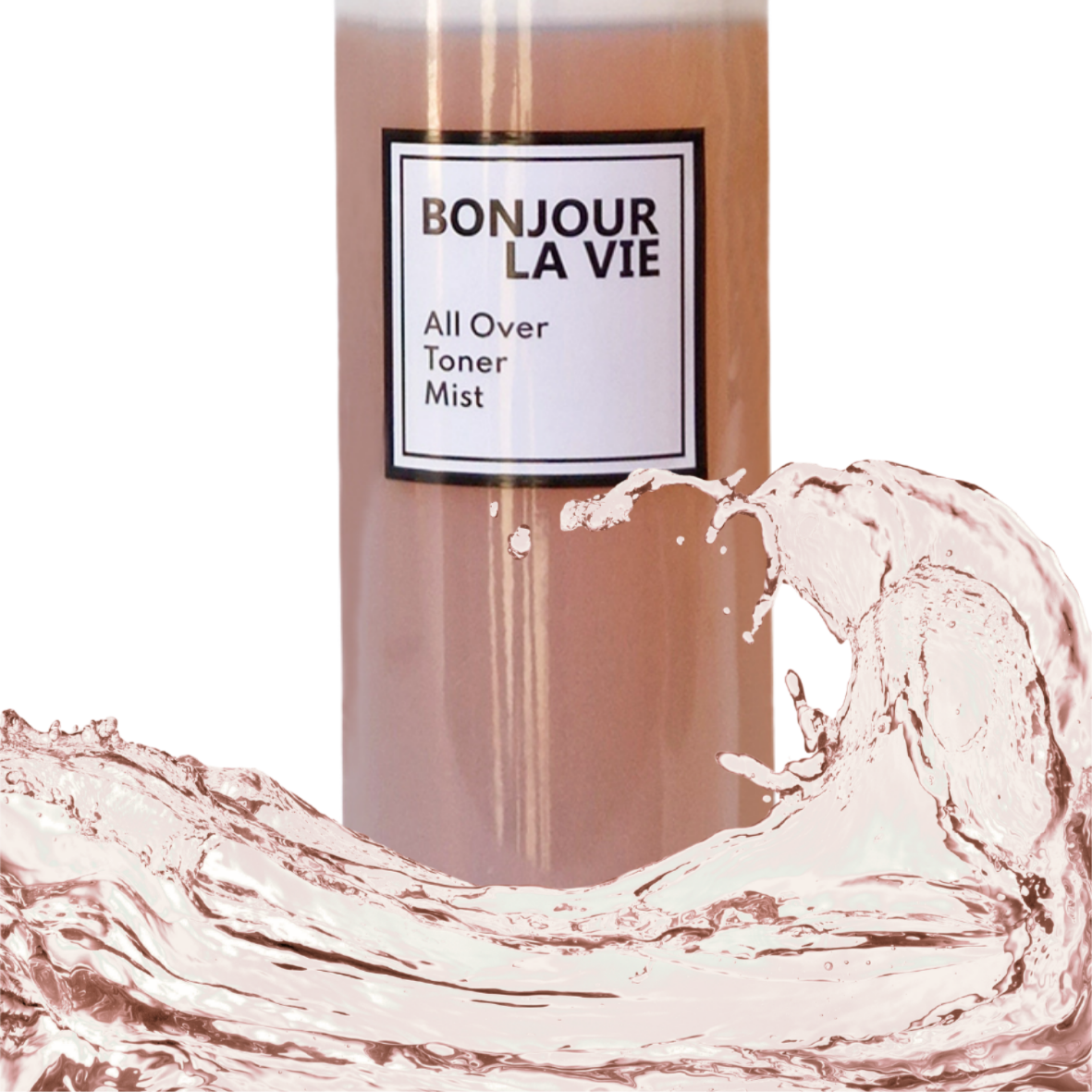 Flacone di All Over Toner Mist 200 ml Bonjour La Vie avvolto dalla sua formula liquida in spruzzo dinamico.