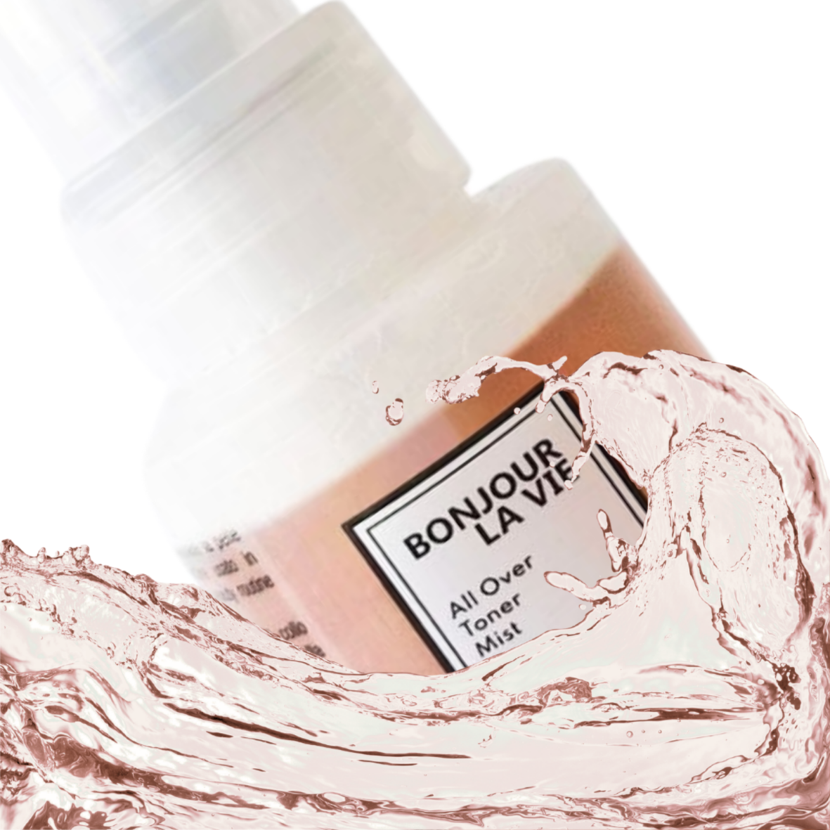 Flacone di All Over Toner Mist 50 ml Bonjour La Vie avvolto dalla sua formula liquida in spruzzo dinamico.