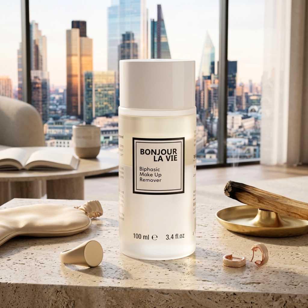 Primo piano di Biphasic Make Up Remover Bonjour La Vie tra due strati di liquido, con fase oleosa in alto ed acquosa con bolle in basso.