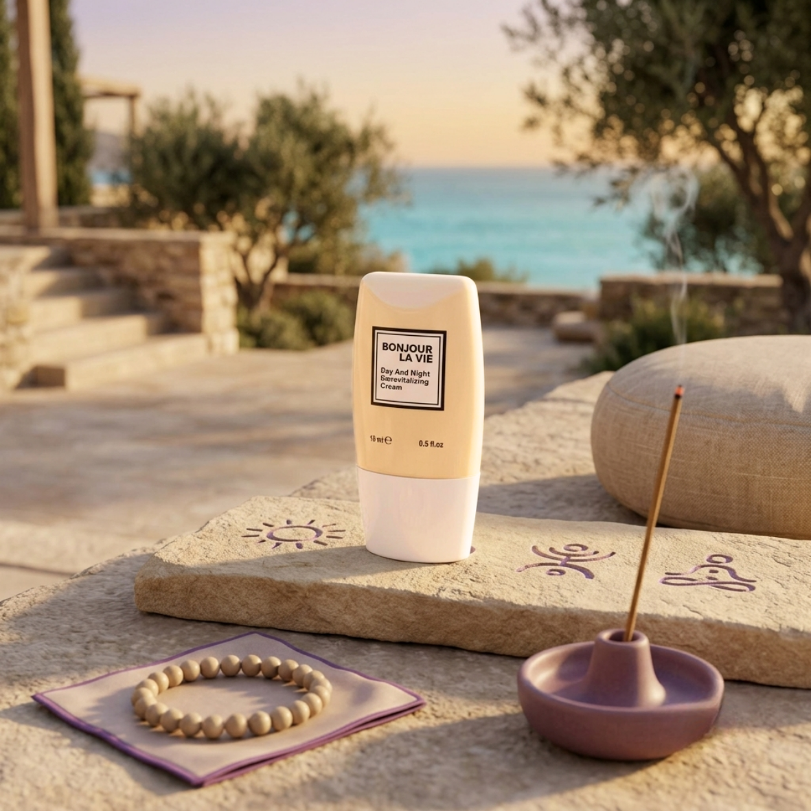 Day And Night BioRevitalizing Cream 15 ml Bonjour La Vie su base in pietra con incenso acceso, bracciale mala in legno e vista mare sullo sfondo.