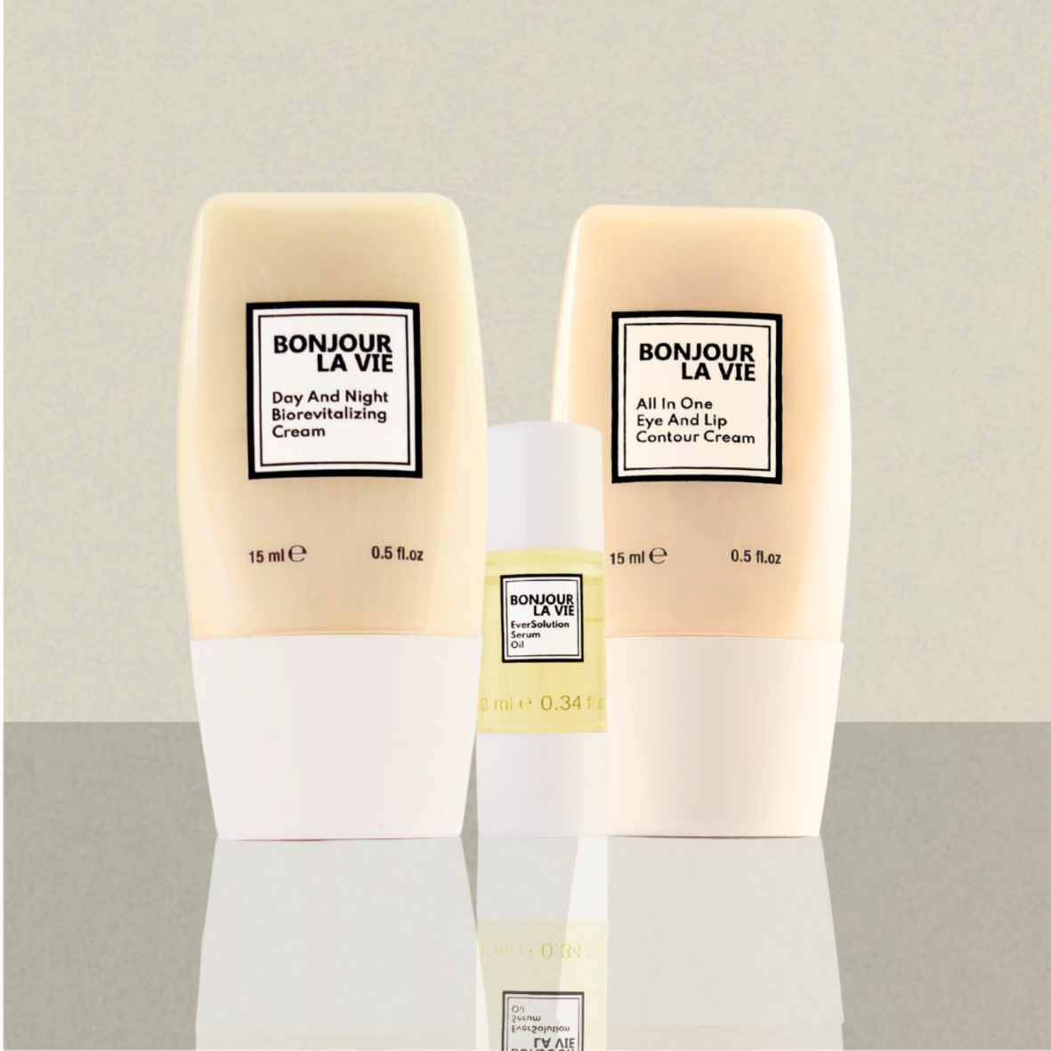 Grafica della routine: Step 4 Day And Night BioRevitalizing Cream Bonjour La Vie in evidenza, preceduto da Step 1 Cleansing Milk, Step 2 Toner Mist e Step 3 Contour Cream.