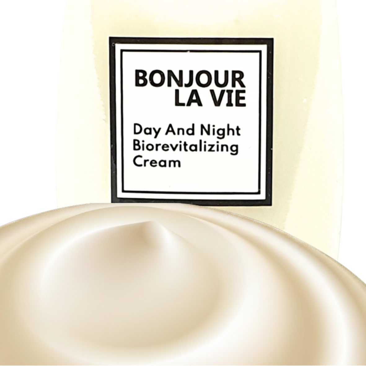Primo piano della texture di Day And Night BioRevitalizing Cream Bonjour La Vie in evidenza davanti al flacone.