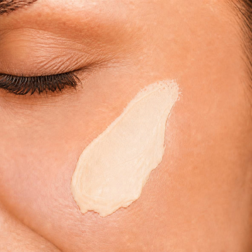 Dettaglio della texture di Day And Night BioRevitalizing Cream Bonjour La Vie applicata sulla pelle del viso.