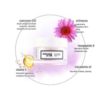Infografica di Day And Night BioRevitalizing Cream con i 5 ingredienti: hexapeptide-8, coenzima q10, echinacea, olio di macadamia, vitamina E.
