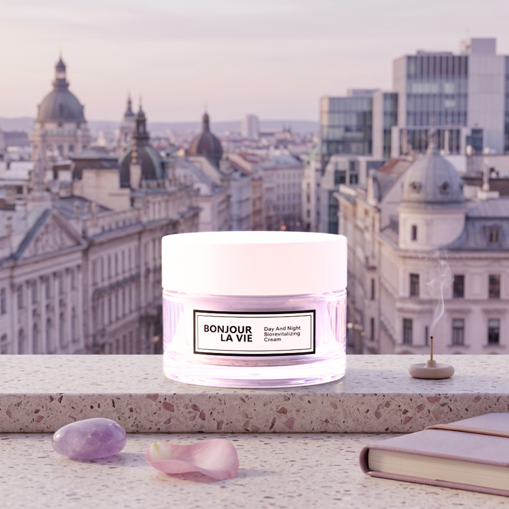Day And Night BioRevitalizing Cream Bonjour La Vie su davanzale panoramico con incenso acceso, pietra di quarzo rosa, petalo e taccuino.