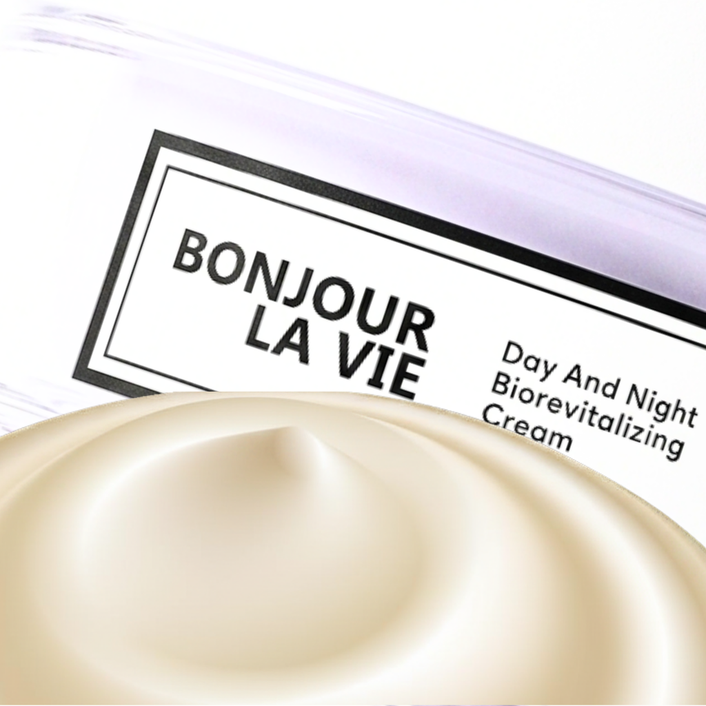 Primo piano della texture di Day And Night BioRevitalizing Cream Bonjour La Vie in evidenza davanti al vaso.