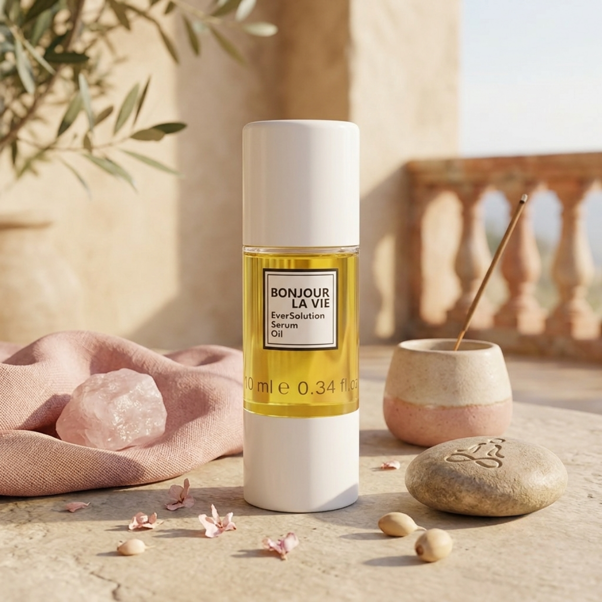 EverSolution Serum Oil 10 ml Bonjour La Vie su davanzale in pietra con quarzo rosa, incenso acceso, pietra incisa e ramo d'olivo sullo sfondo.