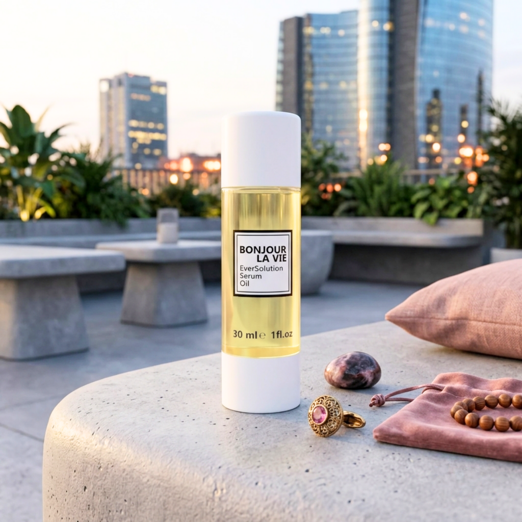 EverSolution Serum Oil 30 ml Bonjour La Vie su ripiano moderno con pietre cristallo, anello, bracciale mala, pochette e panorama urbano all’alba.