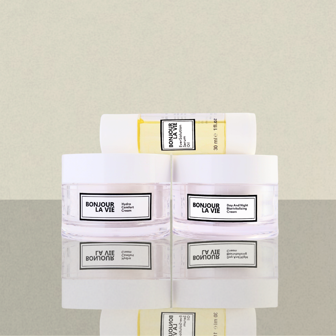 Prodotti correlati Bonjour La Vie: EverSolution Serum Oil associato a Hydra Comfort Cream e Day And Night BioRevitalizing Cream.