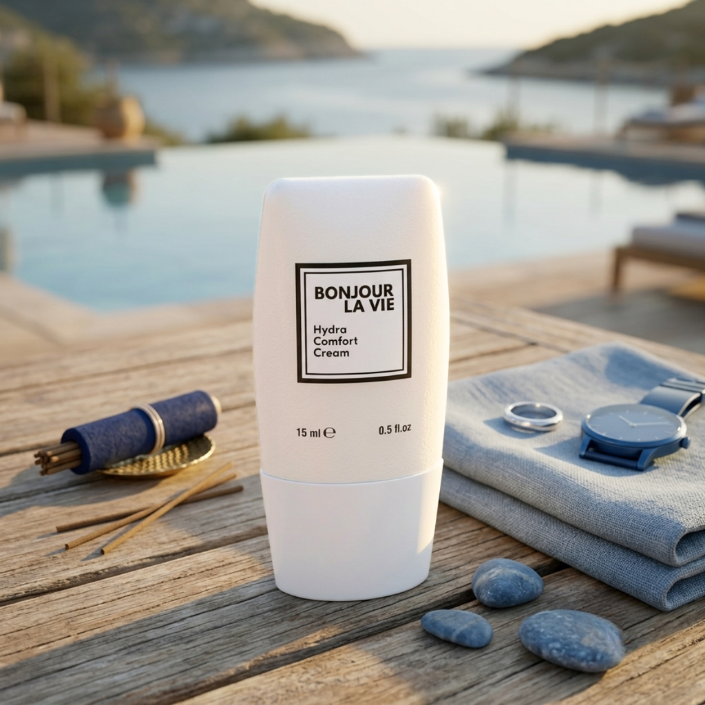 Hydra Comfort Cream 15 ml Bonjour La Vie su tavolo in legno con incenso, asciugamano, orologio, pietre e piscina con mare sullo sfondo.