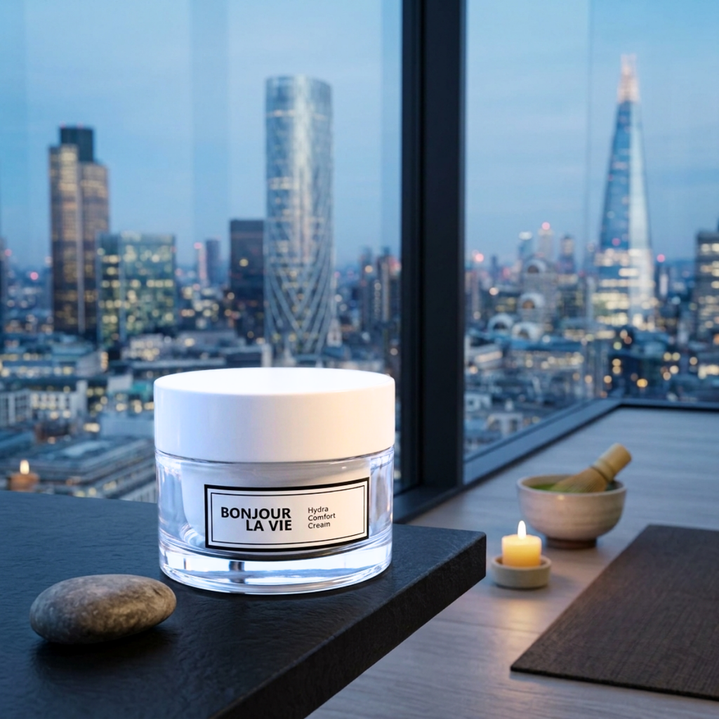 Hydra Comfort Cream 50 ml Bonjour La Vie accanto a pietra, candela e set matcha con skyline di grattacieli al crepuscolo sullo sfondo.