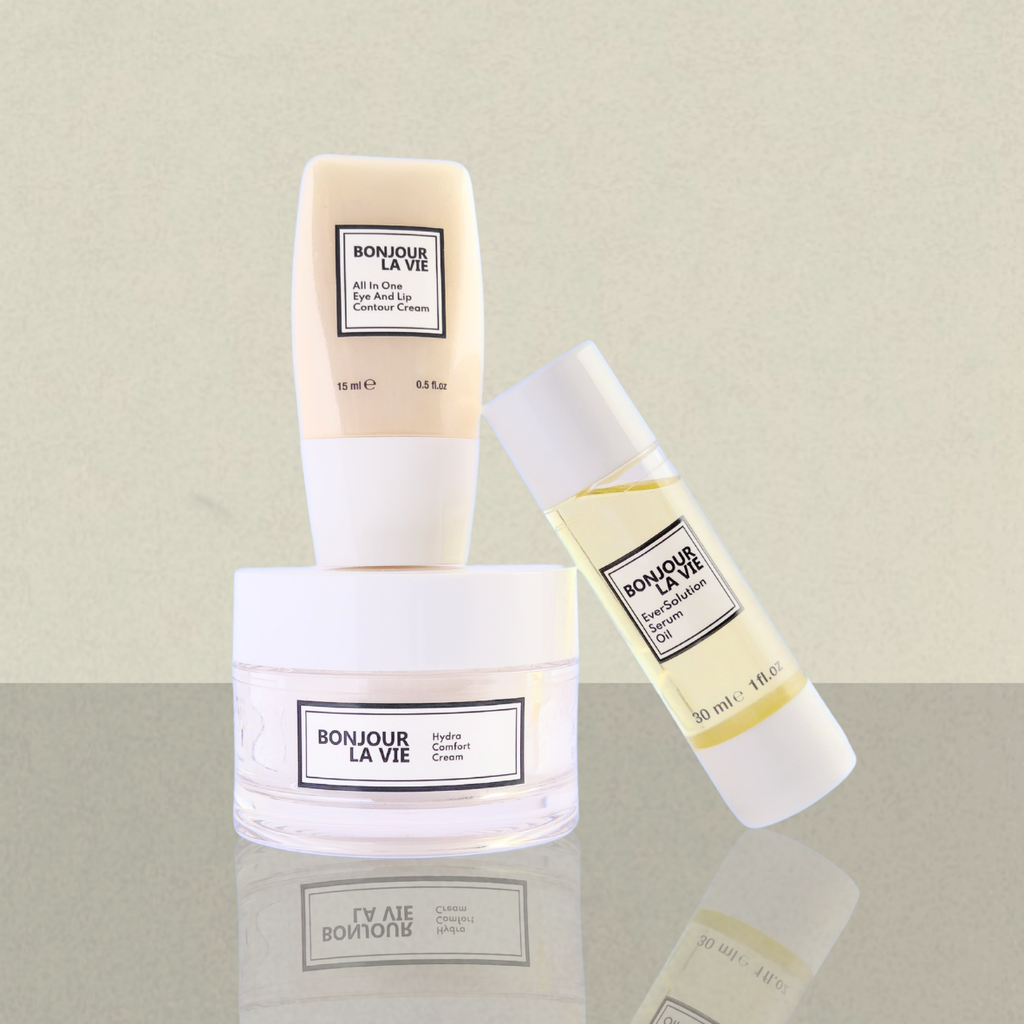 Prodotti correlati Bonjour La Vie: Hydra Comfort Cream associata a All In One Eye And Lip Contour Cream e EverSolution Serum Oil.