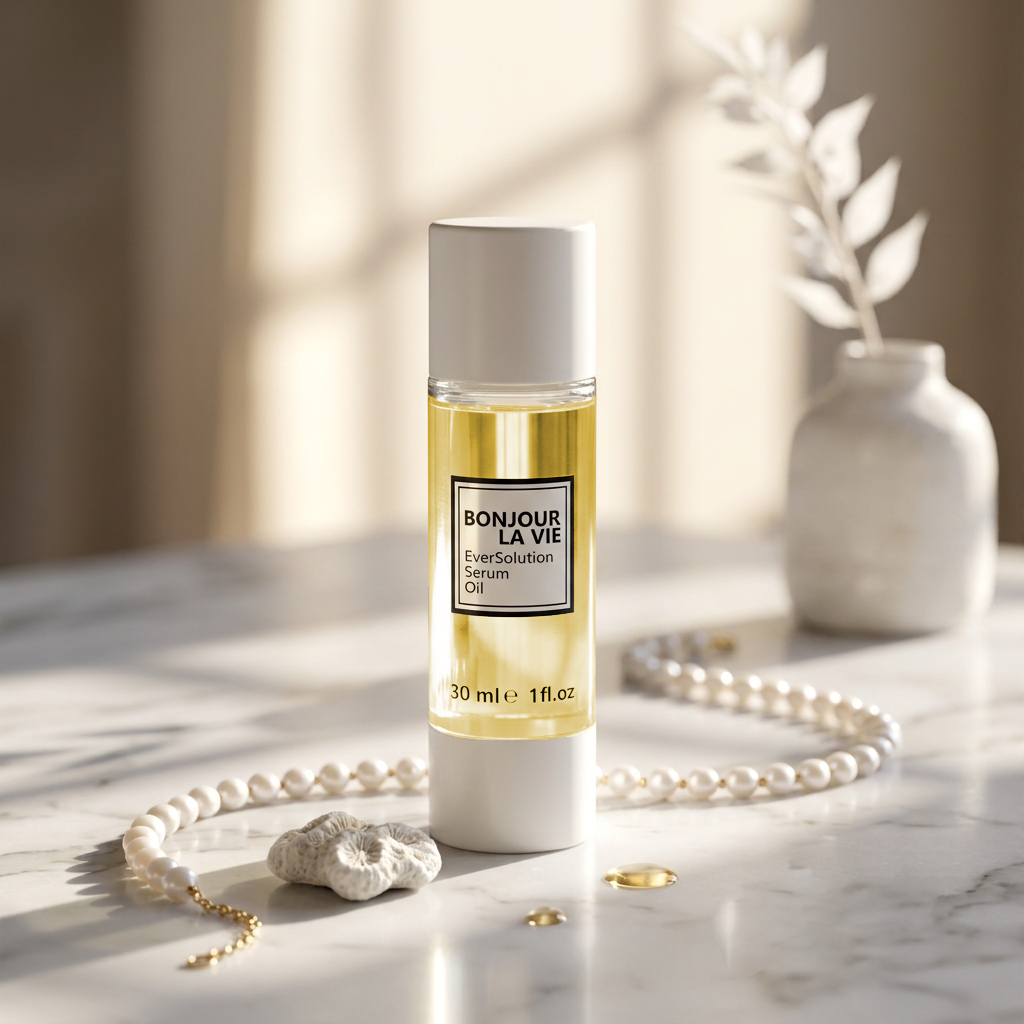 Bonjour La Vie EverSolution Serum Oil su piano marmo con collana di perle.