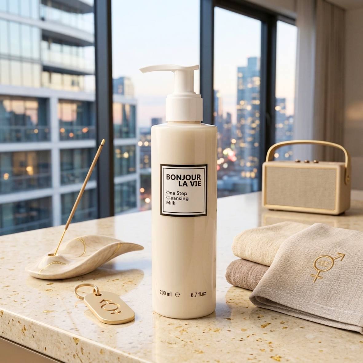 One Step Cleansing Milk 200 ml Bonjour La Vie con incenso, portachiavi, asciugamani e radio vintage davanti a una vetrata sulla città.