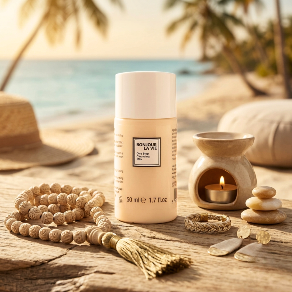 One Step Cleansing Milk 50 ml Bonjour La Vie su legno con mala, bruciatore d'essenze, pietre e orecchini con spiaggia e palme sullo sfondo.